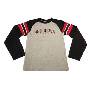 Reebok Long Sleeve Tshirt NHL Detroit Red Wings Gray Black Youth Size M 10-12